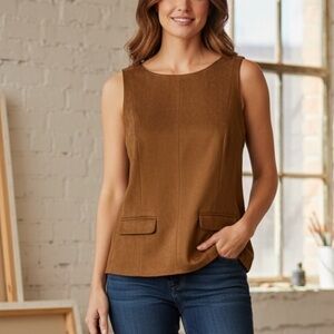 Christian Lacroix Sleeveless Tank Top Shirt Faux Suede Tan Classic Boho Office M